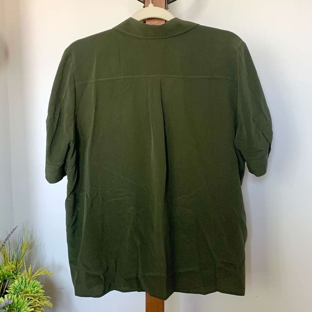 FRAME Silk Short Sleeve Flap Pocket Button Up Shirt Blouse Military Green LG - Picture 8 of 16